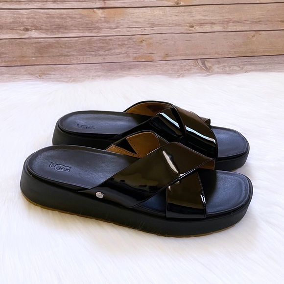 UGG Emily Patent Leather Black Slide Sandals - Picture 1 of 6